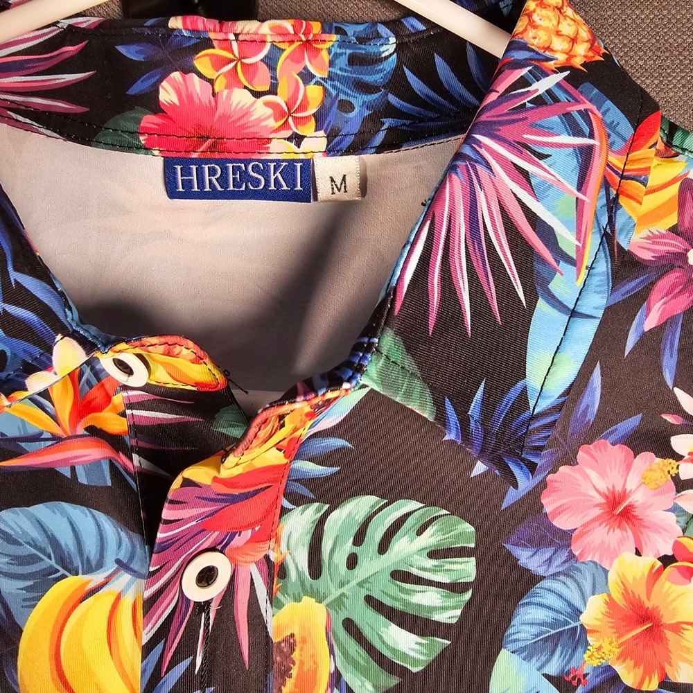 Hreski Mens Tropical Fruit Floral Performance Golf Polo Shirt Black Multi Size M